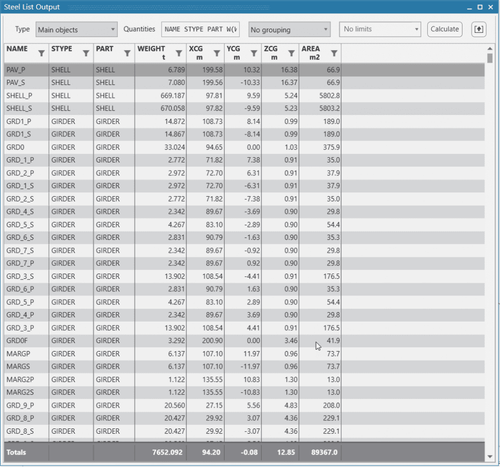 Structure model list output in NAPA Designer