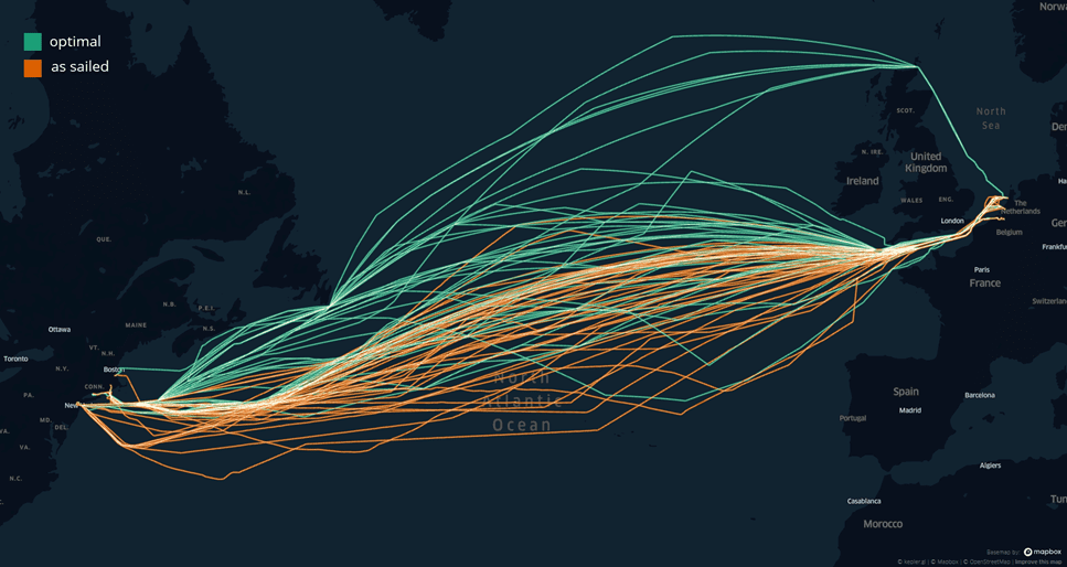 Optimal vs. sailed routes when crossing the Atlantic