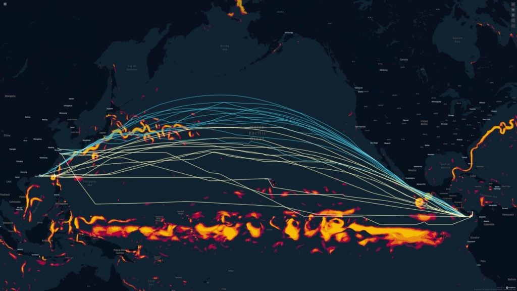 Actual vs. optimized routes on a Pacific crossing eastbound