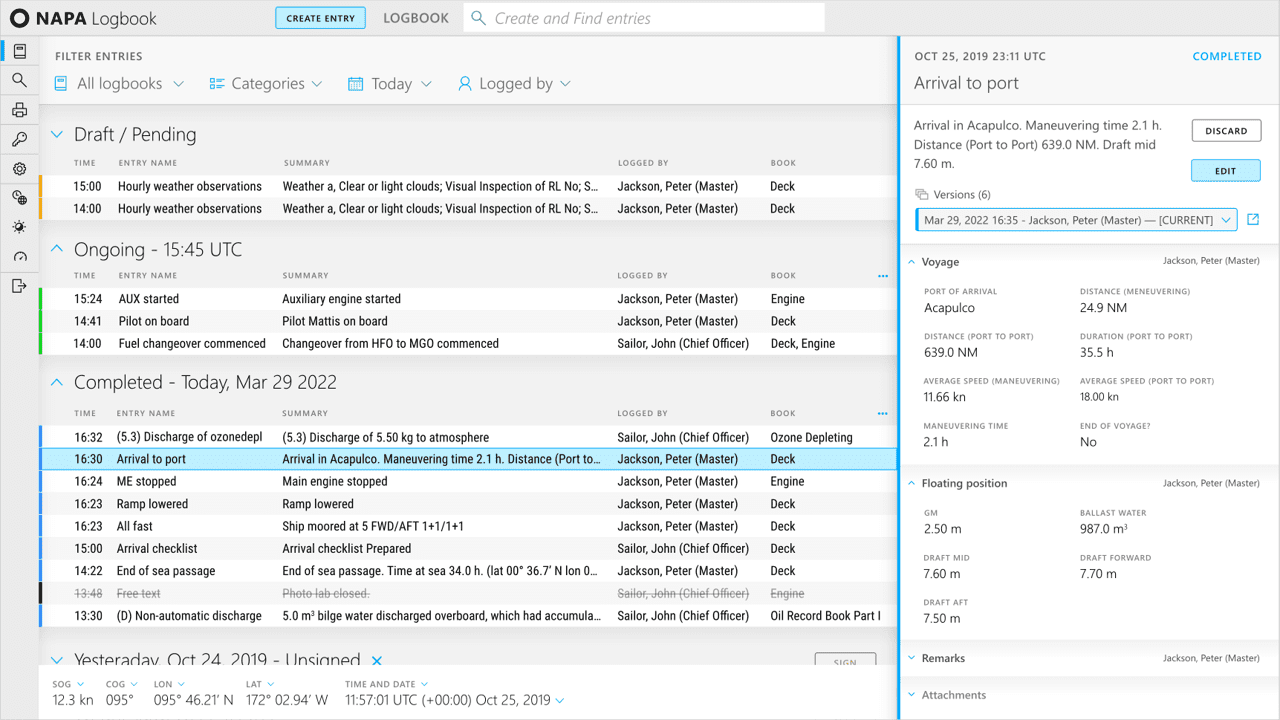 NAPA Solution for ferries: NAPA Logbook main view