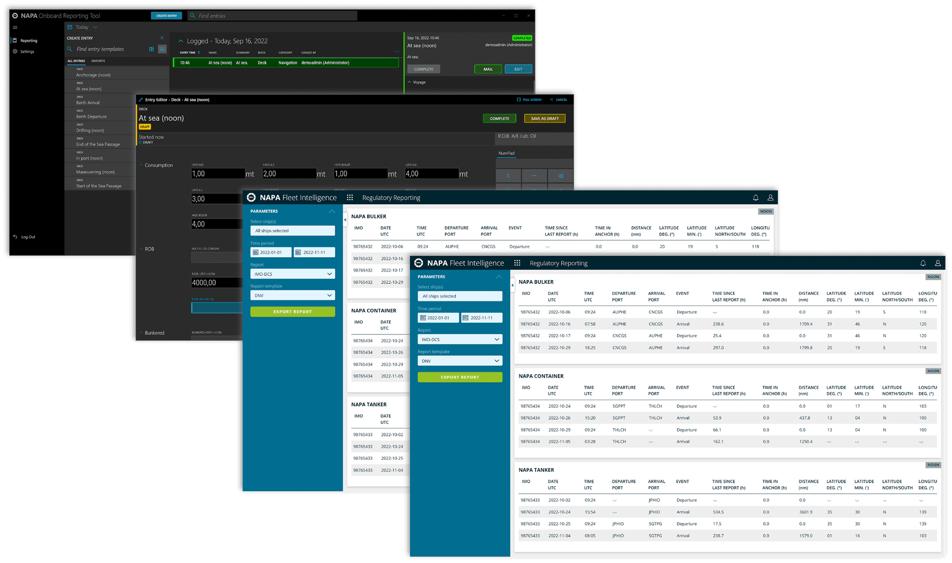 Screens from Regulatory Reporting and NAPA Onboard Reporting Tool