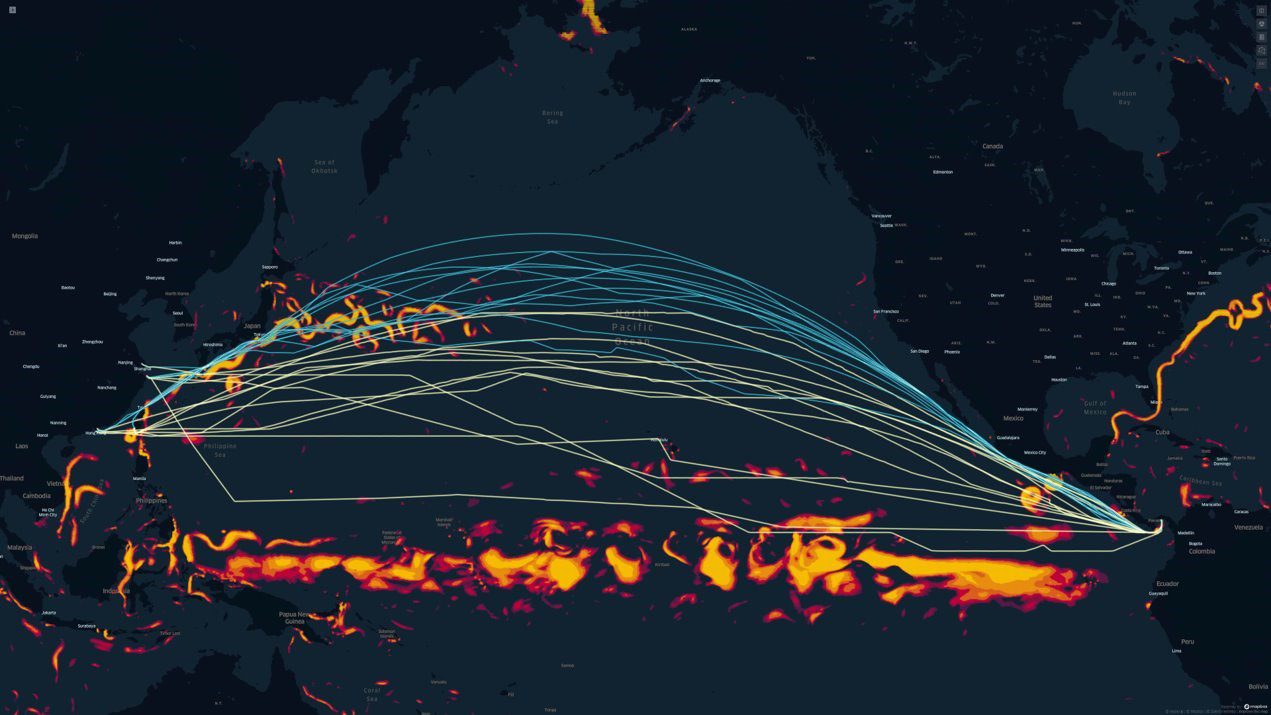 Actual vs. optimized routes on a Pacific crossing eastbound
