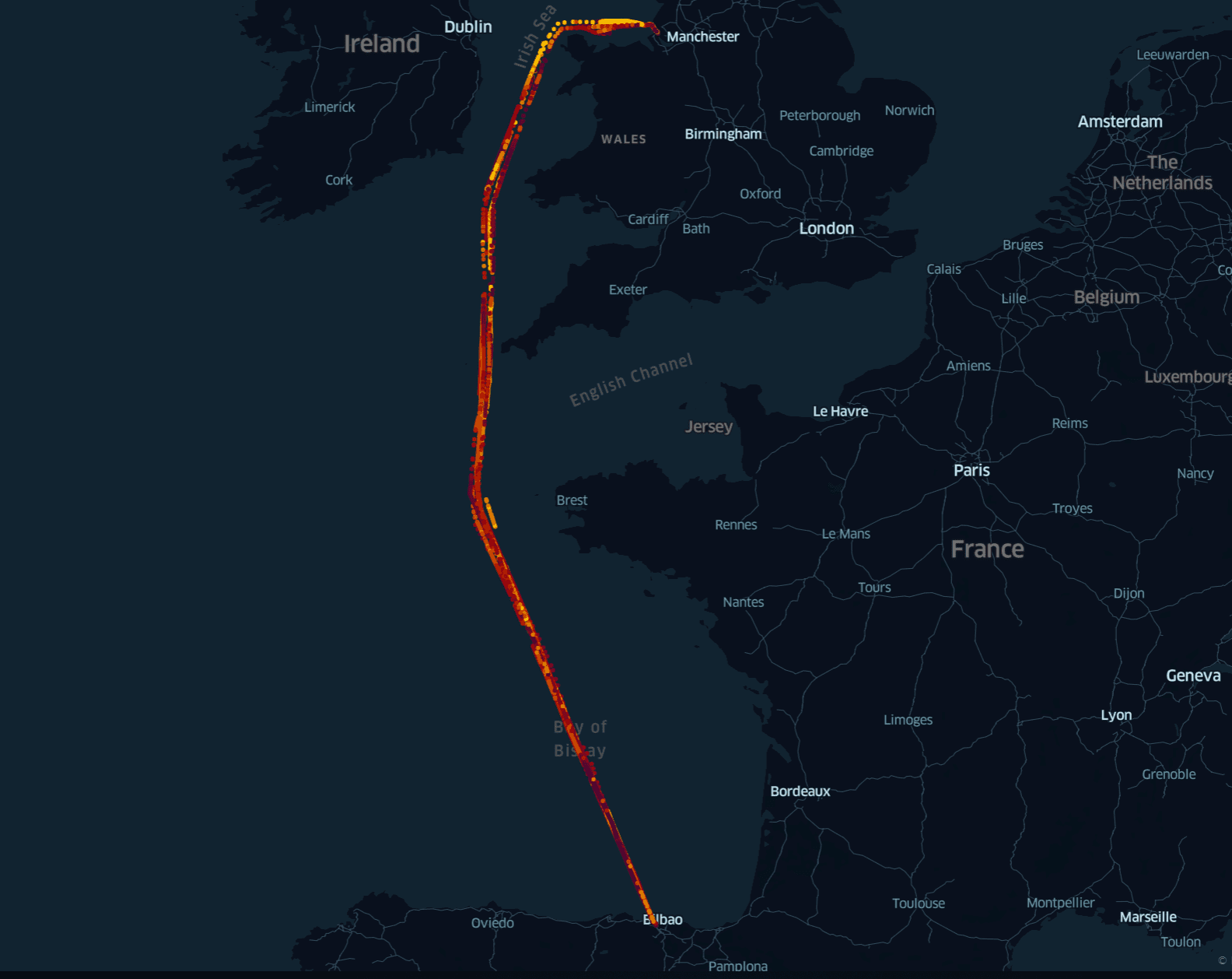 Container ship traffic between Liverpool and Bilbao
