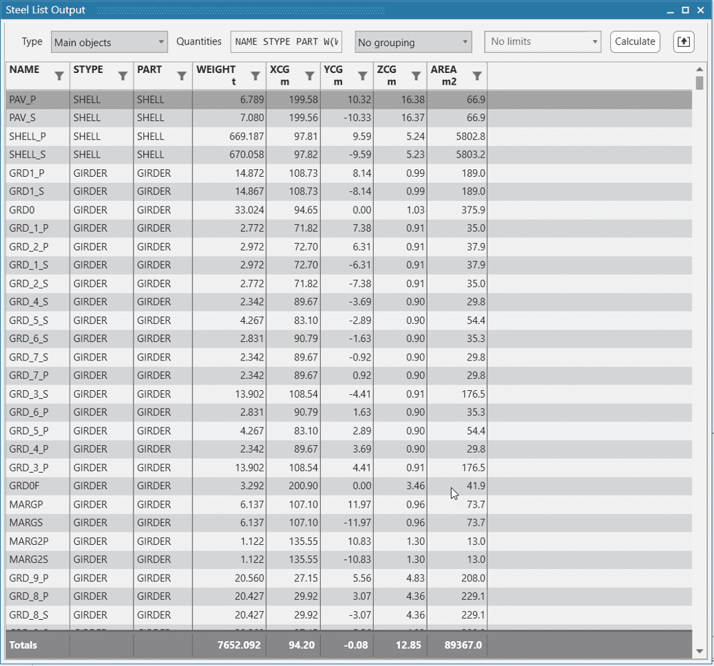 Structure model list output in NAPA Designer